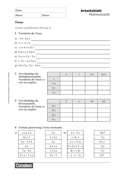 Terme Und Gleichungen Name Klasse Datum Arbeitsblatt Mathematik