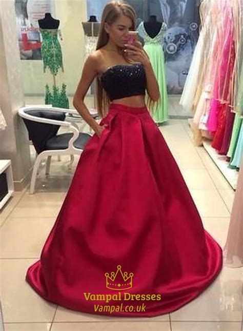 Red Strapless Beaded Floor Length Satin Two Piece Prom Dress Vampal