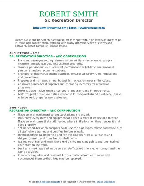 Recreation Director Resume Samples Qwikresume