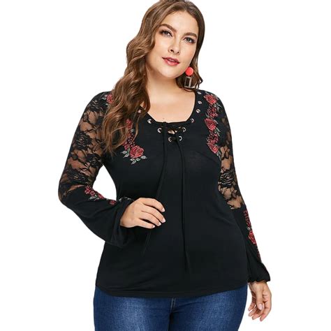 Wipalo Plus Size 5xl Floral Embroidery Appliqued V Neck T Shirt Long