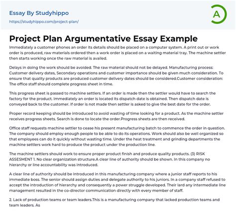 Project Plan Argumentative Essay Example Studyhippo