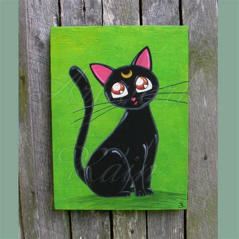 original funky folk art black cat luna moon painting funky home decor