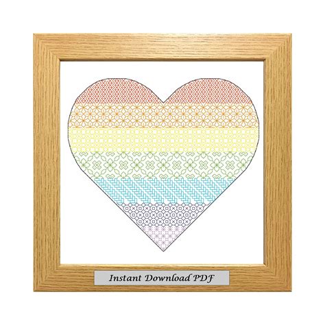 Rainbow Heart Blackwork PDF Pattern Cross Stitch Chart Instant