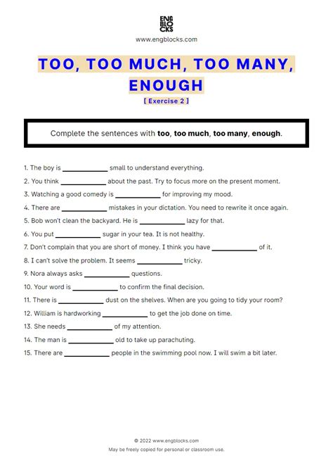 Too Too Much Too Many Enough — Exercise 2 Esl Worksheets