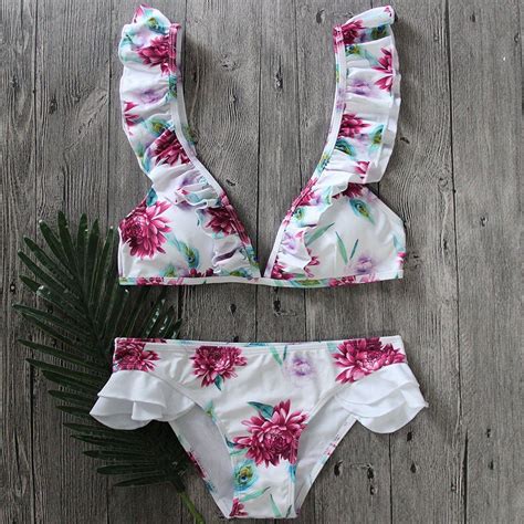 White Floral Printed Lotus Leaf Bikini Bikini Set Leaves Bikini