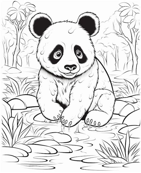 Um urso panda sentado no chão na água para colorir página generativa ai