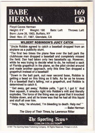 Dodgers Blue Heaven Daily Conlon 169 Babe Herman Catch A Baseball