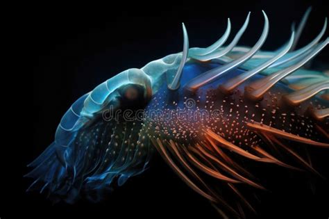 Deep Sea Creature Surrounded By Clouds Of Bioluminescent Light Stock