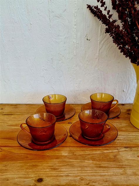 Lot De Tasses Avec Coupelles En Verre Vintage Marron Floral V G Tal