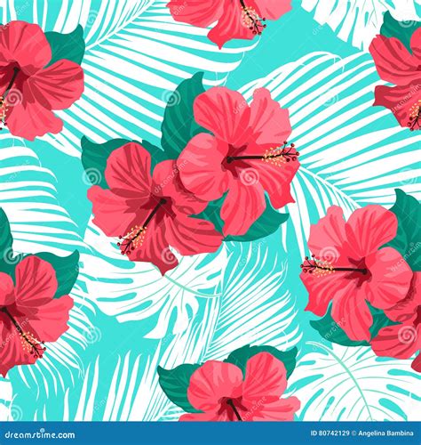 Tropical Flowers And Palm Leaves On Background Seamless Stock Vector