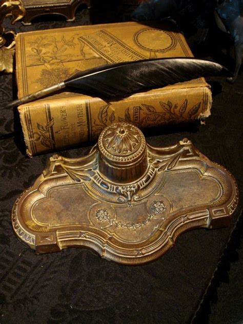 Antique Brass Ink Stand With Raven Feather Quill Pen Antiques