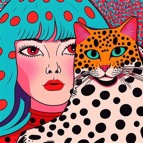 Character Lady With A Cat 80s Pop Glam Rock Art Yayoi Kusama Style A