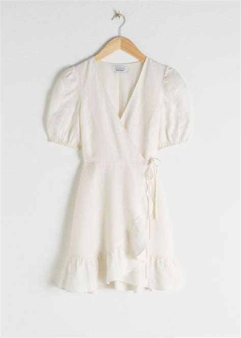 Puff Sleeve Linen Wrap Mini Dress White Mini Dresses And Other