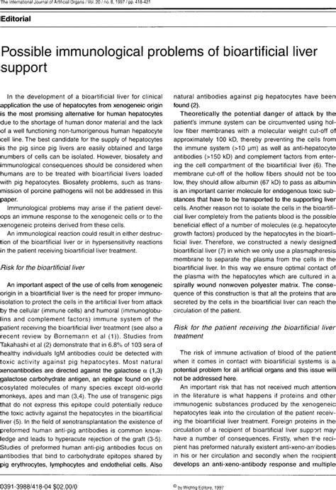 Possible Immunological Problems Of Bioartificial Liver Support A A