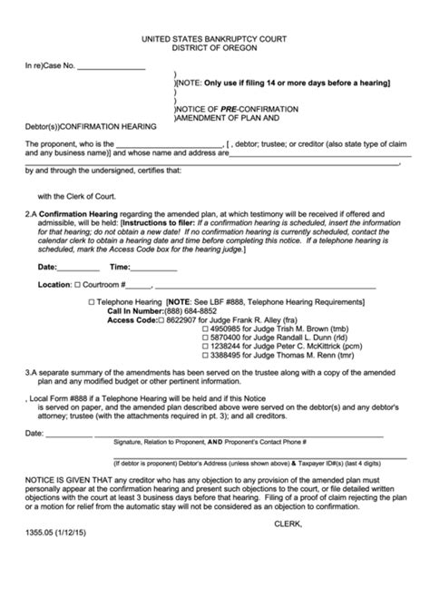 Fillable Notice Of Pre Confirmation Amendment Of Plan And Confirmation