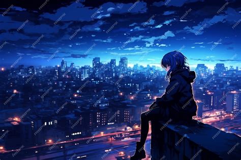 Anime Girl Sitting On Ledge Overlooking City At Night Generative Ai