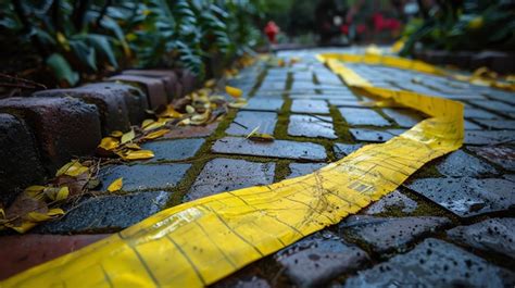 Yellow Caution Tape Lies On A Brick Pathway Covered In Moss And Leaves