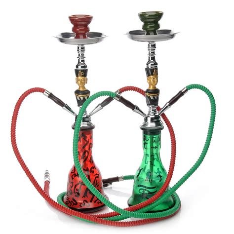 1pc Arab Red Blue Dual Hose Hookah Pipes Portable Smoking Glass Shisha With Ceramic Bowl Hookah