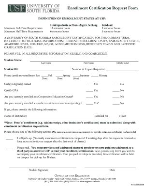 Fillable Online Registrar Usf Enrollment Certification Request Form