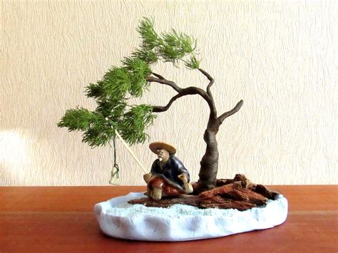 Artificial Bonsai Tree With Fisherman Mini Zen Garden Etsy