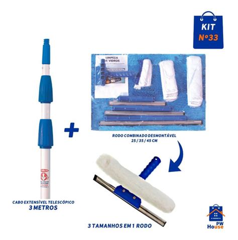 Kit Nº33 Cabo Extensor 3m Rodo Limpa Vidro 25 35 45cm Brinde