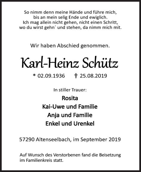 Traueranzeigen Von Karl Heinz Schütz 57trauerde