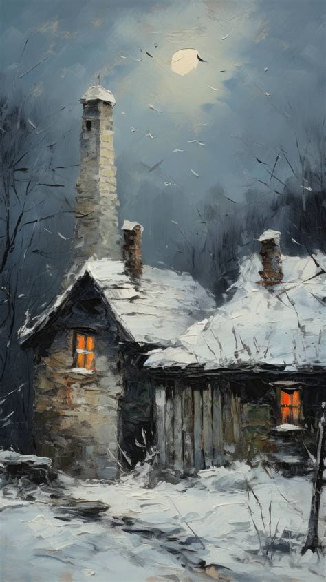 A Painting Depicts A Snowy Scene With A Stone Tower And A Small Cottage