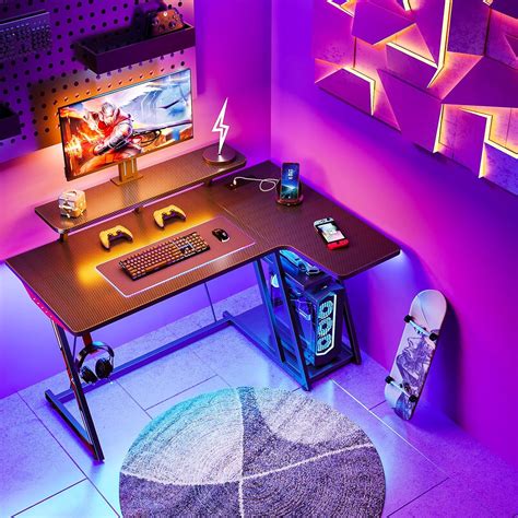 MOTPK L Shaped Gaming Desk With Led Lights Small Corner Gaming Desk