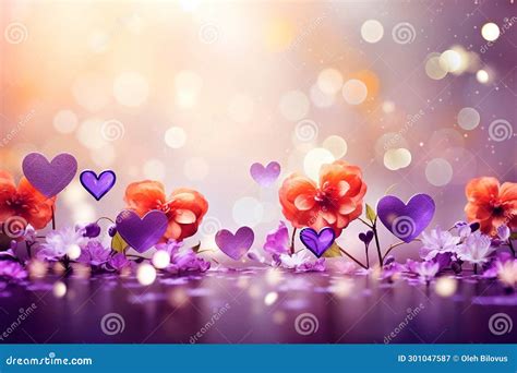 Colorful Flowers And Hearts On Bokeh Background Stock Illustration