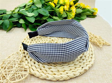 Navy Blue Gingham Twisted Headbandwide Headbandboho Etsy