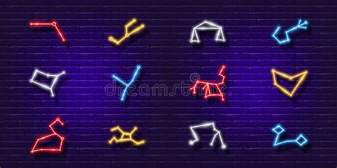 Neon Astrological Horoscope Zodiac Vector Sign Symbol Set On Blue