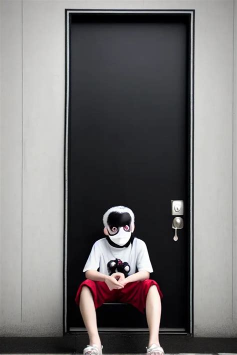 Boy With Tomodachi Mask Sittin Alone Near Black Door Stable