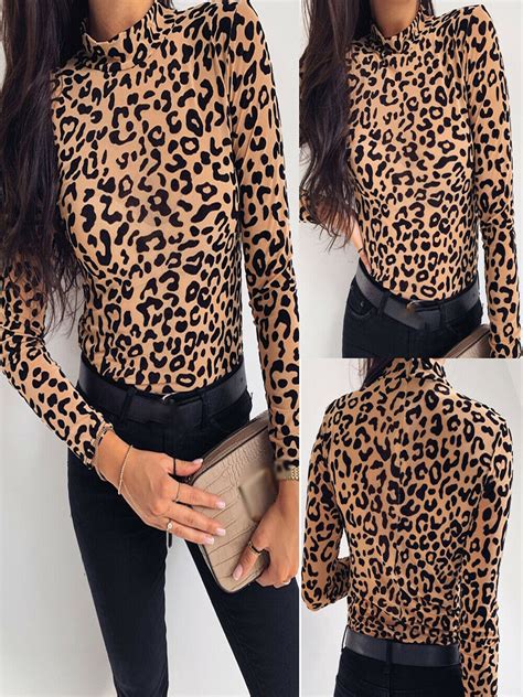 Nituyy Women Autumn Turtleneck Leopard Print Long Sleeve Casual Loose