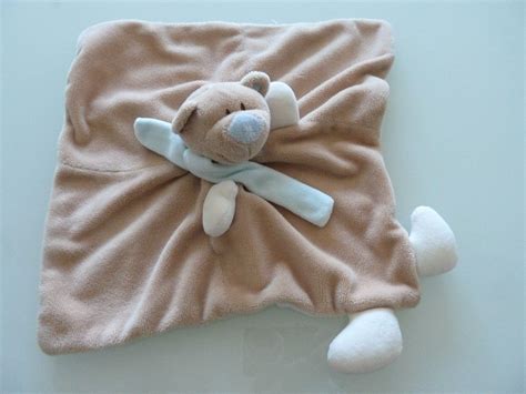 Doudou Plat Jollybaby Ours Beige Marron Blanc Echarpe Nez Bleu