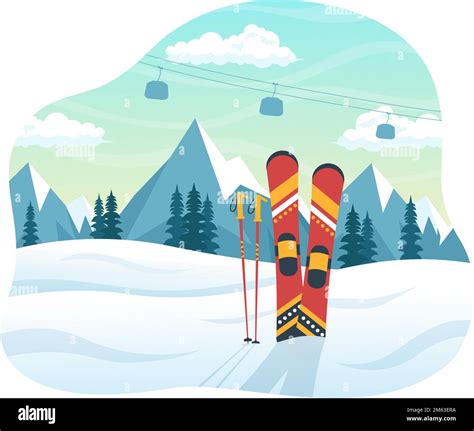 Ski Illustration With Skiers Sliding Near Mountain Going Downhill In