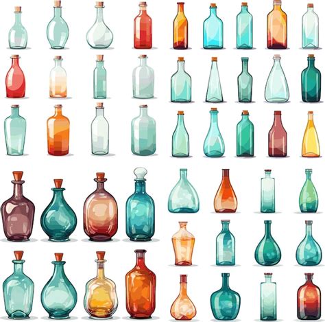 Ensemble De Bouteilles En Verre De Différentes Formes Et Couleurs Isolées Sur Illustration