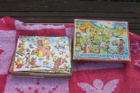 Vintage Wooden Puzzle Block Cubes 6 Different Pictures 1980s Castile Games Fairy Tales