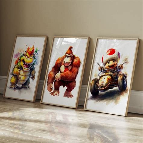 Quadro Decorativo 3 Telas Jogos Mario Bowser Toad Kart Donkey Kong