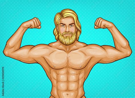 Vecteur Stock Vector Pop Art Naked Male Character With Bare Chest Great Muscles Shows His