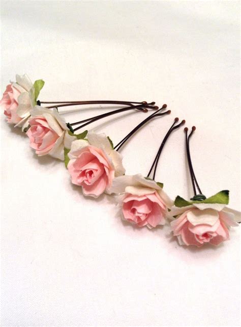 Delicate Pink Roses With Hints Of Green Leaves Adorn Metal Hair Pins