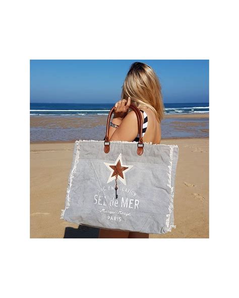 Sac De Plage Xl Toile Gris Et Cuir Terre Rouge Zosha Collection