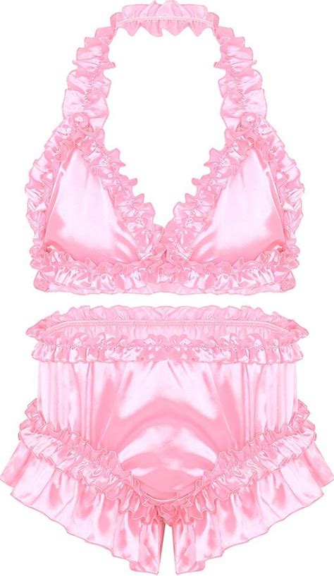 Tiaobug Mens Sissy Lingerie Soft Satin Frilly Ruffled Halter Neck Bra