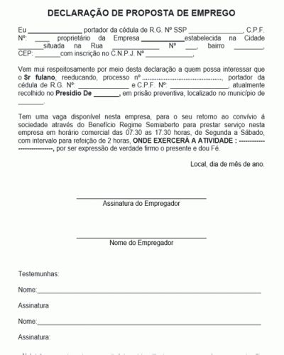 Referência de Declaração de Emprego para Condenado em Regime Semi