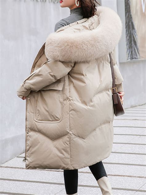 Puffer Coats For Women Light Sky Blue Faux Fur Collar Hooded Zipper Long Sleeves Casual Thicken