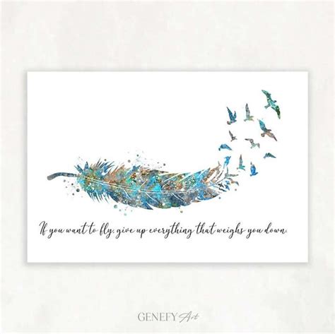 Birds Feather Quote Teal Watercolour Art Print Inspirational Quotes