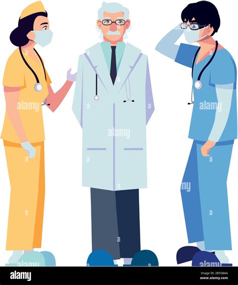 Female And Male Doctors With Uniforms And Masks Design Of Medical Care