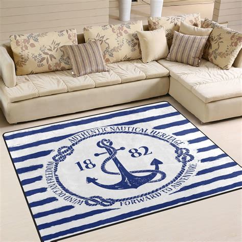 Amazon Alaza Blue White Nautical Anchor On Striped Area Rug Rugs