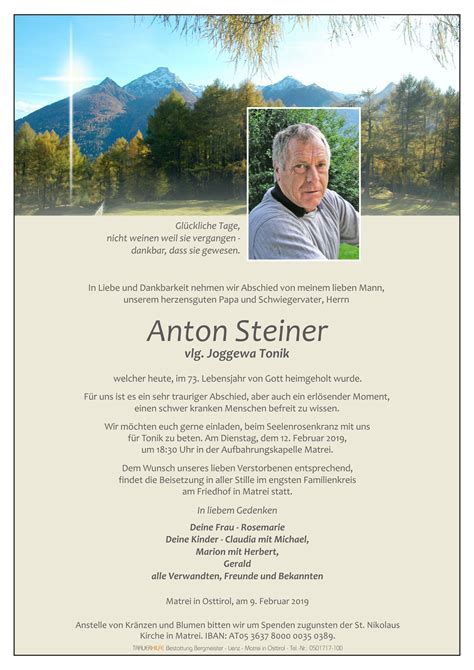 Todesanzeige Anton Steiner Trauer Link