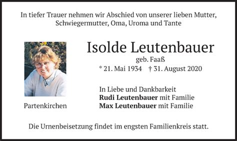 Traueranzeigen Von Isolde Leutenbauer Trauer Merkur De