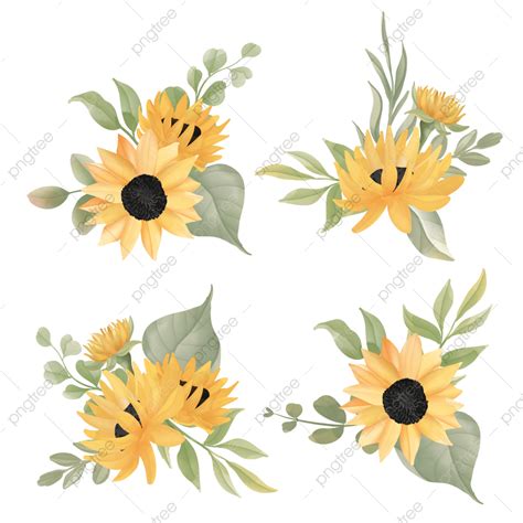 Sunflower Bouquet PNG Image, Collection Of Bouquets Sunflowers And Leaves In Watercolor Drawing ...